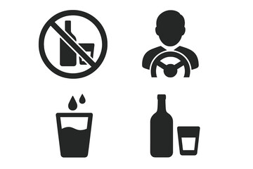 Alcohol Safety Icon Set. No Alcohol, Drink Responsibly, Designated Driver, Hydration Symbol. Black Solid Alcohol Bottle, Glass, Prohibition Sign, Responsible Drinking, Vector Illustration