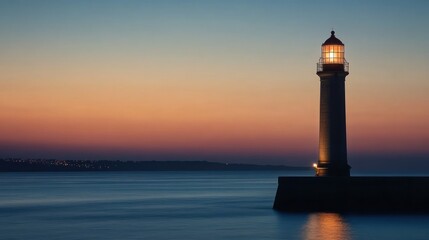 A serene lighthouse stands by the calm sea at dusk, guiding ships with its light.
