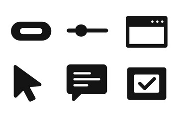 Essential Solid UI Icons Set. User Interface Design Elements. Button, Slider, Window, Cursor, Speech Bubble, Checkbox. Modern Black Vector Symbols for Web, App, Software, Dashboard, UX and UI Projects