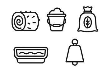 Treasure Hunting Equipment Icons Set. Vector Outline Collection of Expedition Tools: Log, Soap Bucket, Plant Fertilizer Bag, Soil Tray, Hand Bell. Adventure Gear, Camping, Exploration Essentials