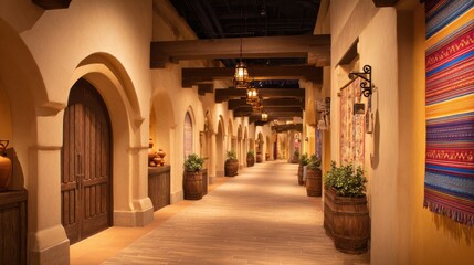 Charming corridor with rustic architecture, warm lighting, and vibrant textiles in a cultural setting