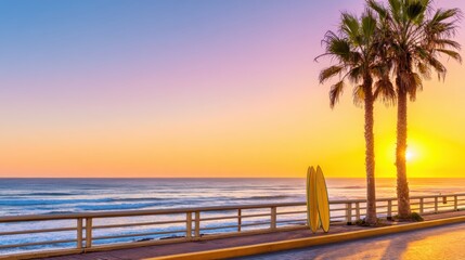 Serene sunset over ocean with surfboards on the beachside walkway and palm trees in the background