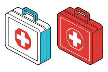 Two Isometric First Aid Kits: Red and White/Blue