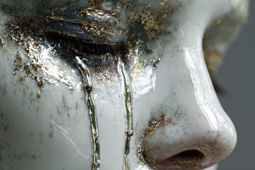 Sculptural art of a crying face adorned with gold leaf, expressing sorrow