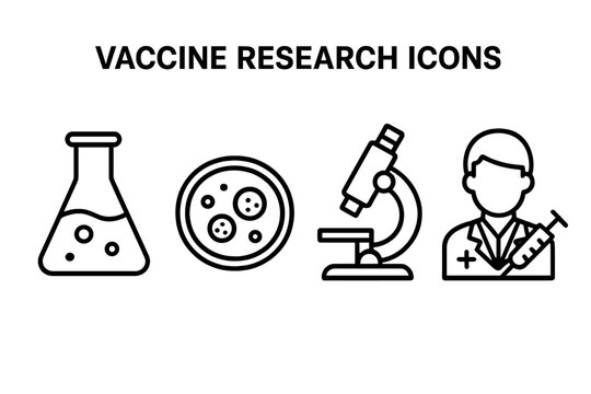 Vaccine research and development outline icons set. Laboratory flask, Petri dish with cells, microscope, medical researcher with syringe. Science, medicine, clinical lab vector illustration