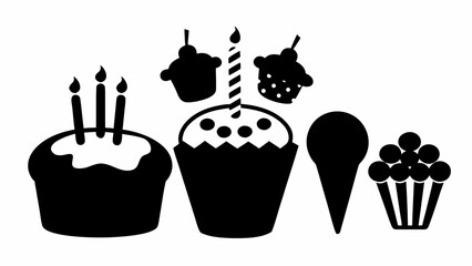 Illustration of various desserts including cakes cupcakes and ice cream cone in black and white style