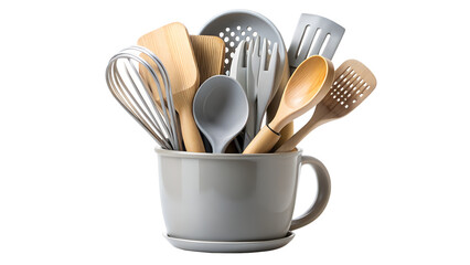 Collection of kitchen utensils and cooking tools in a mug, isolated on transparent background