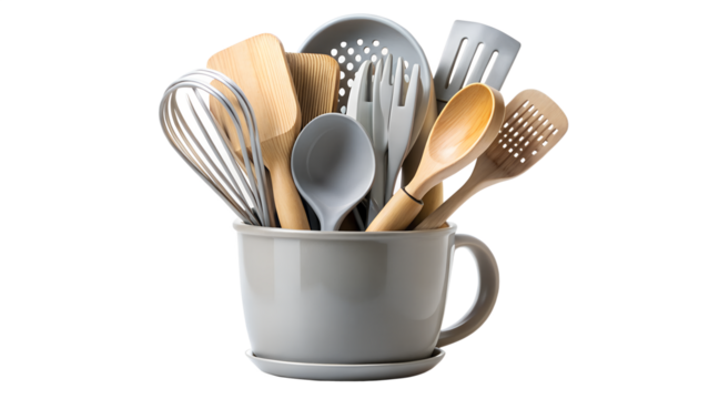 Collection of kitchen utensils and cooking tools in a mug, isolated on transparent background