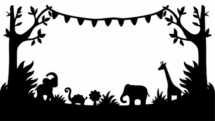 Silhouette of jungle animals under trees and festive garland creating a frame for a party invitation