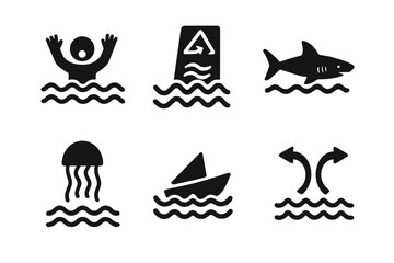 Fototapeta premium Water Safety Hazard Icons Set. Solid Black Vector Symbols for Drowning, Dangerous Currents, Shark, Jellyfish, Boat Capsizing, Rip Tide, Swimming Safety, Ocean Warnings, Beach Danger Signs