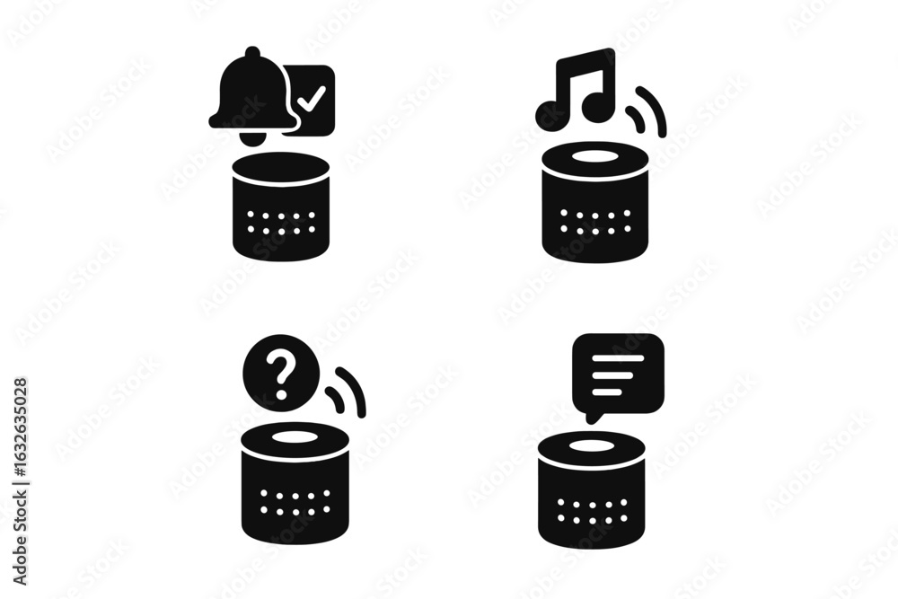 Poster smart voice assistant icons set. black solid vector illustrations of speaker device features: settin