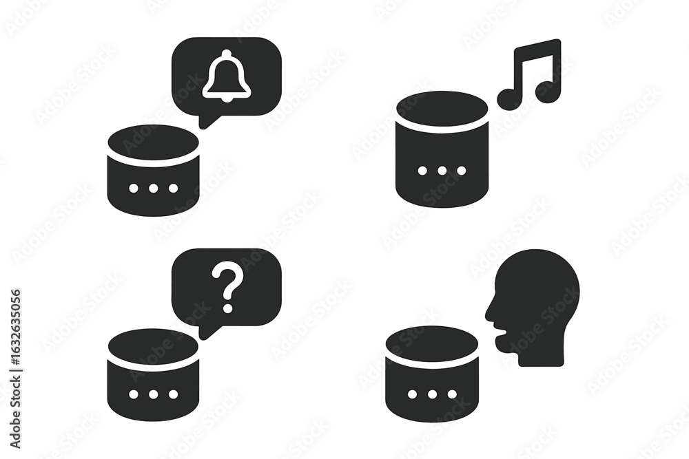Poster smart voice assistant icons set. solid vector symbols of virtual assistant device features: setting 