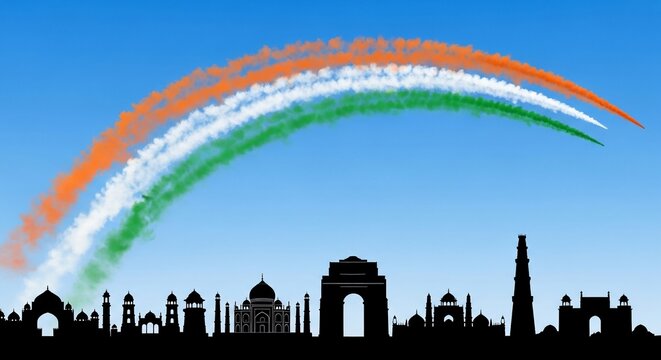 Composite skyline of Indian monuments with a tricolor flag smoke trail from an airshow.
