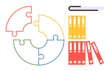 Circular puzzle with four colorful pieces and stacks of yellow and red file binders. Black pen on top. Ideal for organization, teamwork, data, workflow, planning, documentation collaboration. Simple