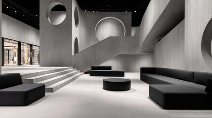 Modern minimalist interior design featuring geometric shapes and sleek furniture in a spacious showroom