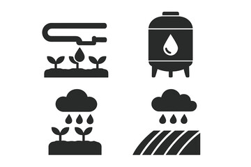 Water conservation farming icons set. Drip irrigation, water tank storage, rainfall watering, sustainable agriculture and crop care. Solid vector illustration. Modern agriculture efficiency tools.