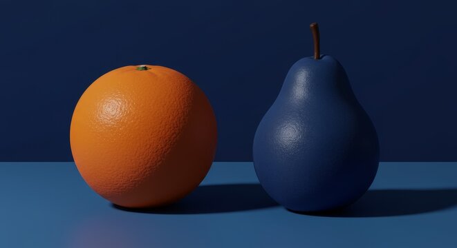 A compelling study of an orange and a blue pear on a blue backdrop