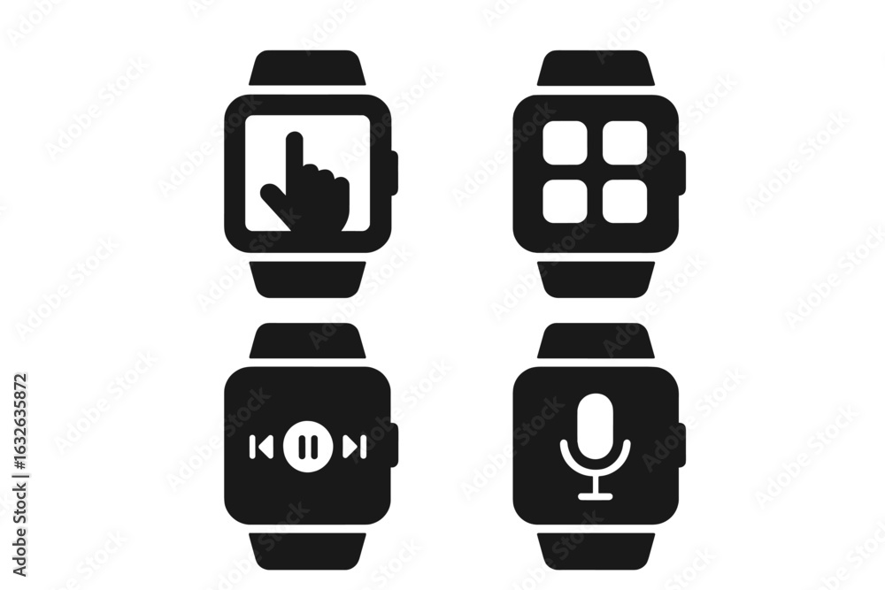 Poster wearable technology icons set. smartwatch interface vector collection with touchscreen, app grid, me