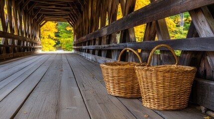Two woven baskets resting on a wooden bridge surrounded by vibrant autumn foliage in a serene setting