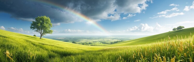 Obraz premium Serene rural landscape with solitary tree standing on verdant hill. Yellow grass patches, clear blue sky with clouds. Warm sunlight bathes landscape creating peaceful atmosphere. Farm field in