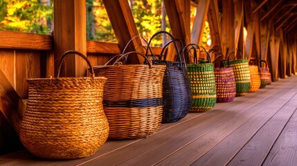 Colorful woven baskets arranged neatly on a wooden bridge, surrounded by vibrant autumn foliage