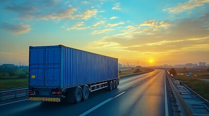 Obraz premium Blue semi-truck container moving along highway at sunrise.