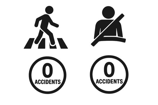 Zero Accidents Safety Icons Set. Solid Pedestrian Crosswalk Symbol, Seatbelt Sign, Accident-Free Transport, Road Safety, Traffic Prevention, Vector for Workplace Safety Posters - Powered by Adobe