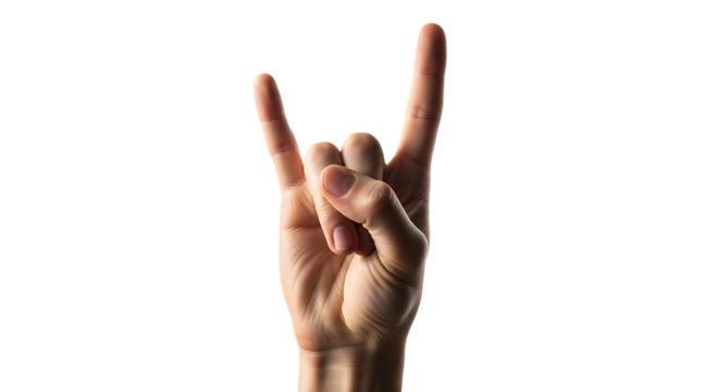 Human Hand Making Rock and Roll Gesture of the Devil Horns with Index and Pinky Fingers Extended Isolated on Transparent Background Symbolizing Music and Celebration