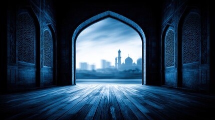 A serene blue-toned view through an ornate archway showcasing a city skyline and distant domes