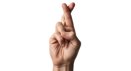 Person making a gesture of crossing fingers hoping for good luck or success isolated on Transparent Background representing belief and optimism