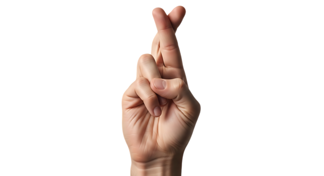 Person making a gesture of crossing fingers hoping for good luck or success isolated on Transparent Background representing belief and optimism
