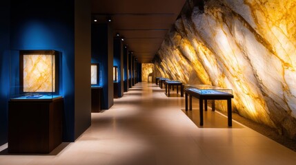 Elegant gallery showcasing stunning gemstone displays against a backdrop of shimmering golden walls