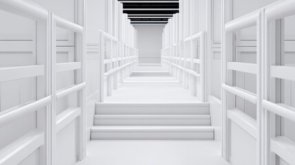 A minimalist interior corridor featuring white walls and railings, leading to a bright, open space