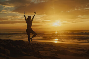 Silhouette of woman performing yoga pose on sandy beach at sunset, with vibrant colors in the sky and gentle ocean waves creating a serene atmosphere, embodying tranquility and mindfulness
