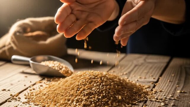 Hands pouring wheat grains on wooden table, harvest, agriculture, food, bread