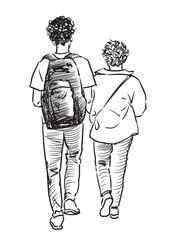 Couple teen students, casual city pedestrians walking outdoors in summer, back view, realistic sketch, contour drawing, vector illustration