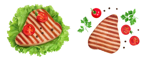 Tuna fish steak grilled isolated on white background with full depth of field. Top view. Flat lay