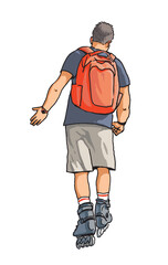 One city man on roller skates riding on street, hand drawing, realistic vector illustration isolated on white