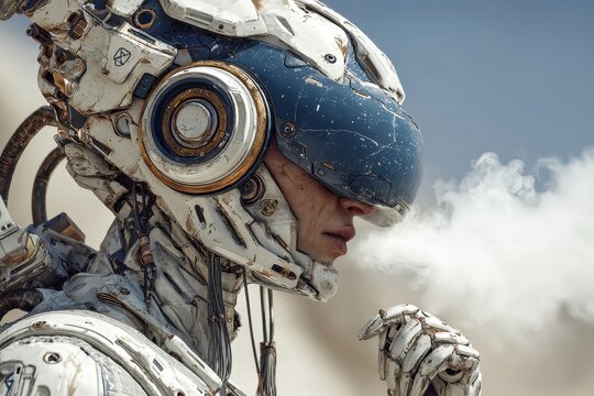 Cybernetic warrior ponders the desolate landscape of a distant world during daytime - Powered by Adobe