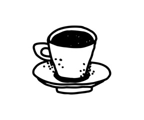 Black and white sketch of a coffee cup with saucer. Hand-drawn vintage drink illustration.
