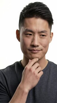 Cinematic video of a thoughtful young adult asian man in charcoal t-shirt, hand on chin, concentrating against a pure white studio. His expression shifts to a knowing smile and confident nod,