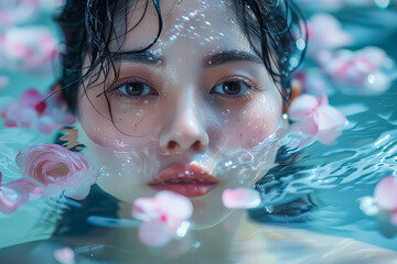 Asian woman with wet hair gazes softly at the viewer, immersed in tranquil water filled with delicate pink flower petals, creating a serene and calming atmosphere in the scene