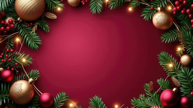 Celebratory festive seasonal decoration with gold bells, berries and pine needles arranged in a circular pattern on purple background.