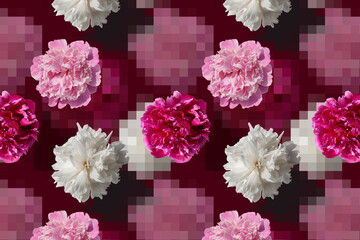 Pattern with white and pink peony flowers on a pink background. Floral collage with pixel elements or squares in pastel colors. Greeting card. Spring or summer holiday background