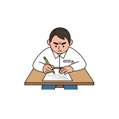 Student taking written exam at desk with focused expression