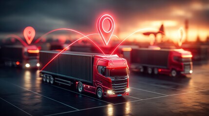 Semi-trucks with glowing location markers represent logistics and shipping.