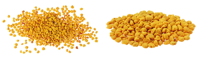 Bee pollen grains isolated on white background. Top view. Flat lay