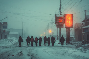 Group of individuals dressed in winter clothing walking along a snowy street, surrounded by fog and illuminated signs, creating a serene yet chilly winter atmosphere with soft lighting