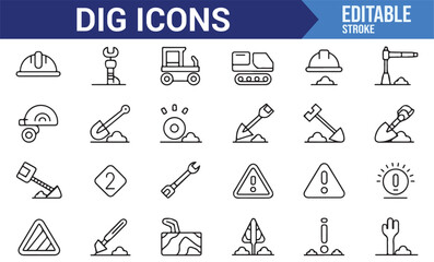 Simple black line icons representing construction work and machinery