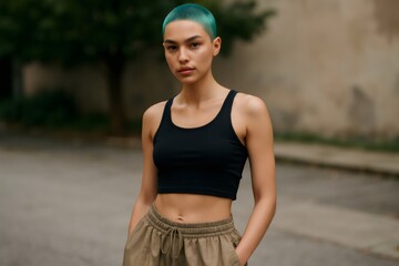 Stylish young urban woman with teal buzzcut hair wearing black top and beige pants standing with hands in pockets